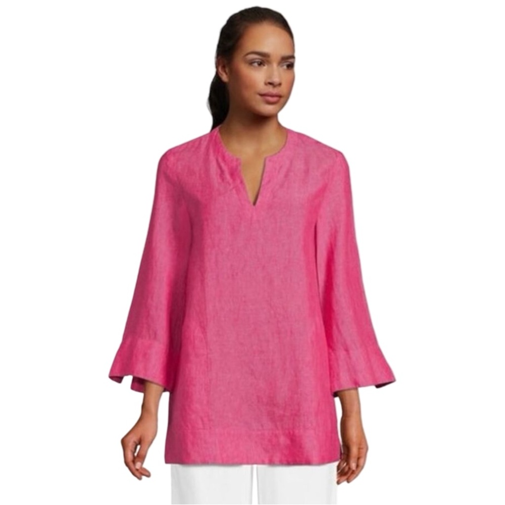 Lands' End Women Pink Split Neck Linen Tunic Top Medium NWOT Coastal Resort